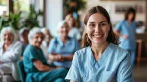 Photo of a happy caretaker in an assisted living facility due to retention tactics.